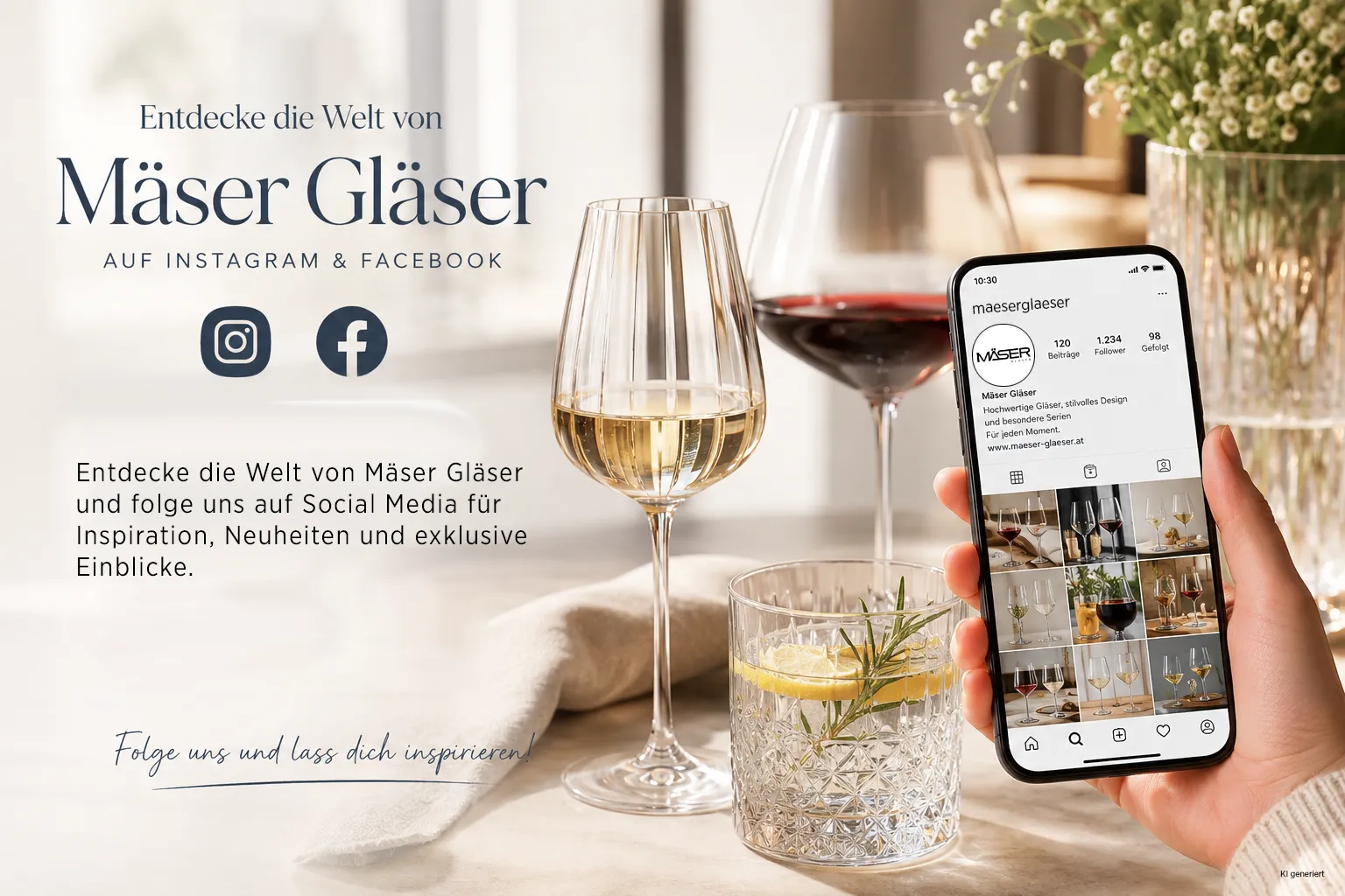 Eine Hand, die ein Smartphone hält, auf dessen Bildschirm das Instagram-Profil einer Glaswarenmarke zu sehen ist, im Hintergrund elegante Gläser und Blumendekoration.