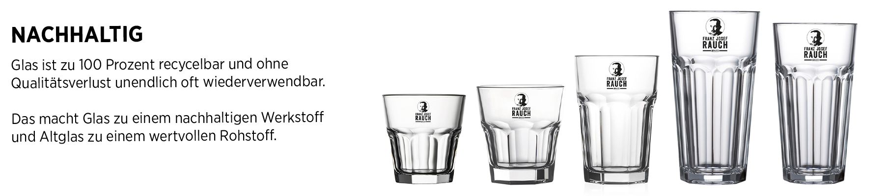Eine Reihe von fünf Gläsern in verschiedenen Größen mit deutschem Text über Nachhaltigkeit und Glasrecycling.