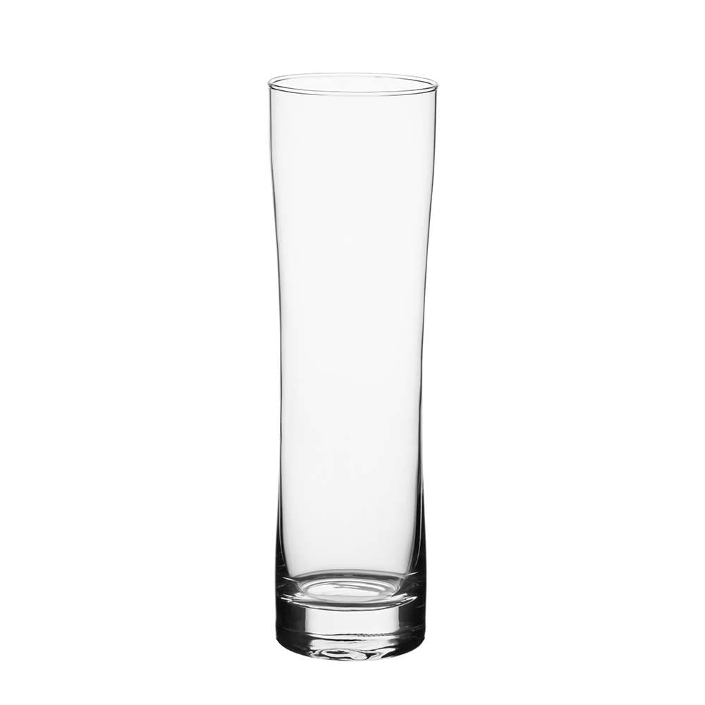 Ein hohes, klares, leeres Glas mit leicht ausgestelltem Rand