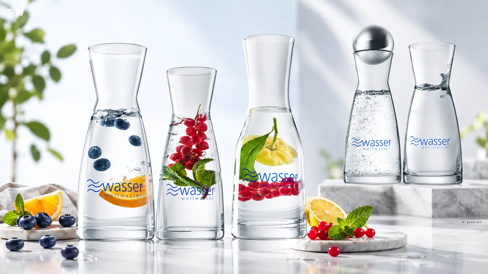 Glaskaraffen mit Wasser, angereichert mit Blaubeeren, Orangenscheiben, roten Johannisbeeren, Minze und Zitrone, vor einem hellen Hintergrund.