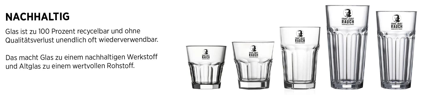 Eine Reihe von fünf Gläsern in verschiedenen Größen mit deutschem Text über Nachhaltigkeit und Glasrecycling.